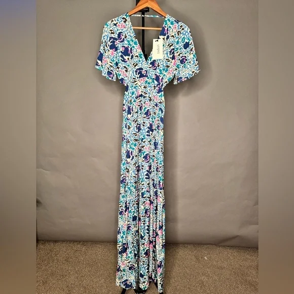 ba&sh NWT Ova Maxi Dress Floral Print Open-Back Backless Flowy Blue White XS / 0 - Picture 4 of 11